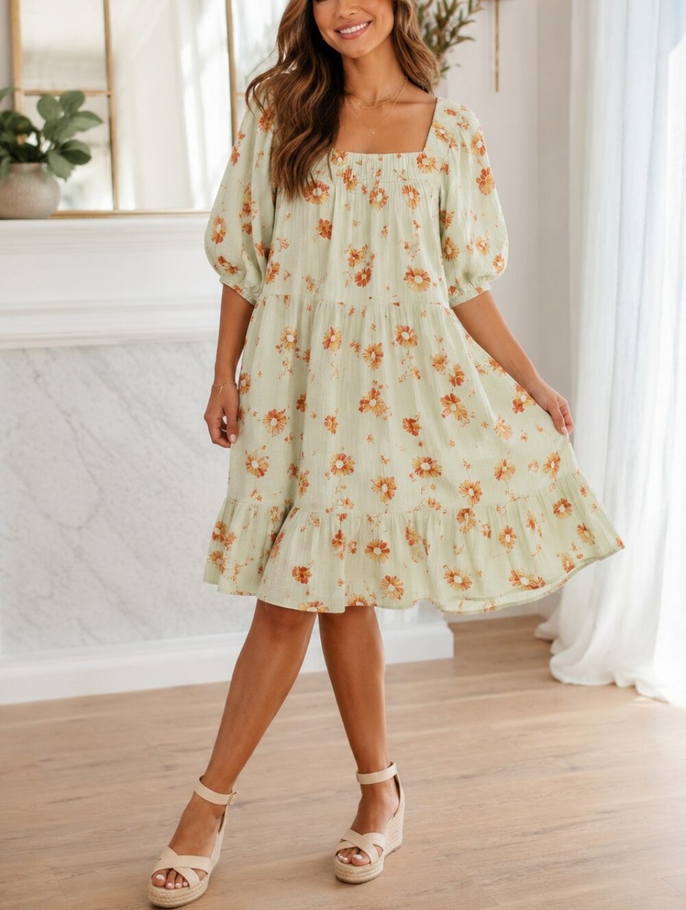 Wonderly Babydoll Mini Dress Floral Cottagecore Puff Sleeve Sage Green M - Picture 4 of 12